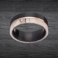 Black Ring Antler Wedding Band Mens Ring 8mm Unique Stag Nature Ring Mens Wedding Band Tungsten Ring with Rose Gold Inlay