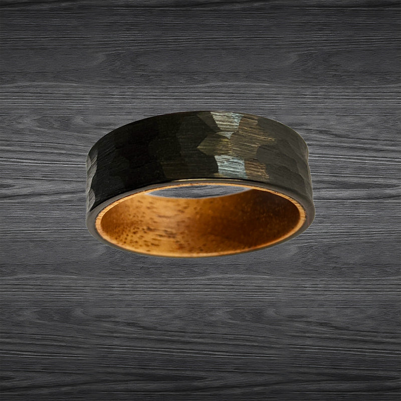 Black Hammered Ring Wood Wedding Band Tungsten Ring 8mm Koa Wood Ring Mens Wedding Bands with Wooden Inlay
