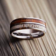 Deer Antler and Whiskey Barrel Ring Silver Tungsten Wedding Band