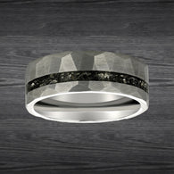 Silver Meteorite Ring Mens Wedding Band Hammered Ring 8mm Tungsten Ring Hammered Wedding Band Mens Ring with Meteorite Inlay