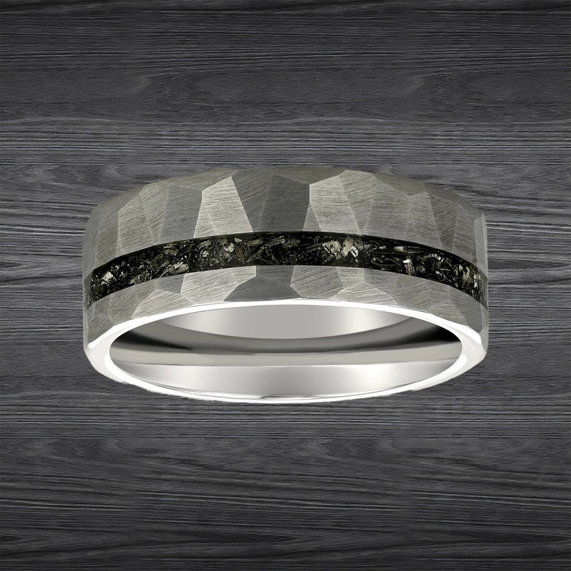 Silver Meteorite Ring Mens Wedding Band Hammered Ring 8mm Tungsten Ring Hammered Wedding Band Mens Ring with Meteorite Inlay