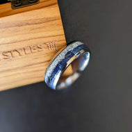 Silver Meteorite Ring Lapis Lazuli Mens Wedding Band - Pillar Styles
