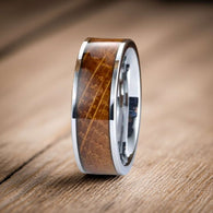 Silver Whiskey Barrel Ring Mens Wedding Band Tungsten Ring with Beveled Edges 8mm Bourbon Wood Ring Unique Anniversary Gifts for Him