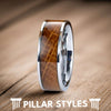 Silver Whiskey Barrel Ring Mens Wedding Band Tungsten Ring with Beveled Edges 8mm Bourbon Wood Ring Unique Anniversary Gifts for Him