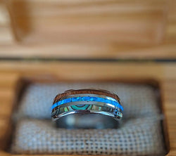 10mm Abalone and Blue Opal Ring Mens Wedding Band Koa Wood Ring - Wide Tungsten Ring