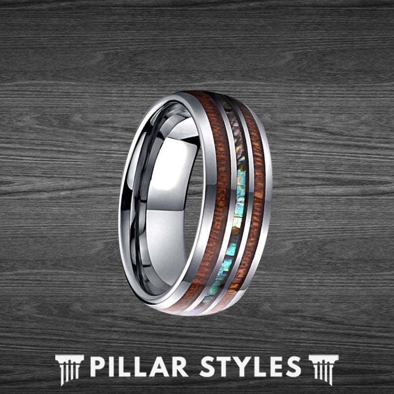 Koa Wood Ring Men with Abalone Inlay Titanium Mens Wedding Band - Pillar Styles