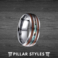 Koa Wood Ring Men with Abalone Inlay Titanium Mens Wedding Band - Pillar Styles