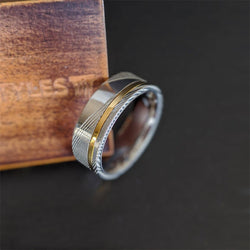 14K Gold Damascus Ring Mens Wedding Band Silver Damascus Steel Rings for Men with Gold Inlay