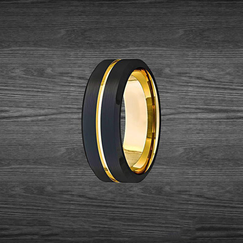 14K Gold Ring with Beveled Edges Black Tungsten Ring - 8mm Mens Wedding Band Yellow Gold Rings for Men