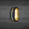 14K Gold Ring with Beveled Edges Black Tungsten Ring - 8mm Mens Wedding Band Yellow Gold Rings for Men