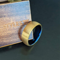 14K Gold Wedding Band Mens Ring - 8mm Blue Ring Yellow Gold Tungsten Ring Mens Wedding Band