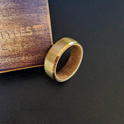 14K Gold Whiskey Barrel Ring Mens Wedding Band - Tungsten Whiskey Barrel Wood Ring For Men