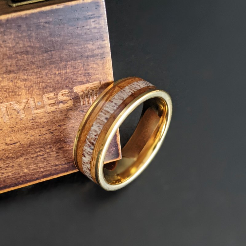14K Gold Ring Mens Wedding Band Tungsten Ring - Whiskey Barrel Ring Bourbon Wood Rings for Men