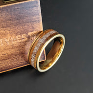 14K Gold Ring Mens Wedding Band Tungsten Ring - Whiskey Barrel Ring Bourbon Wood Rings for Men