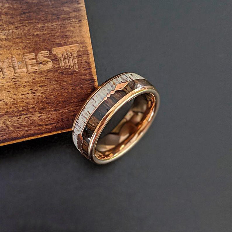 18K Rose Gold Ring Mens Wedding Band Wooden Ring Tungsten Wedding Band Antler Rings 8mm/6mm Koa Wood Rings for Men