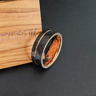 18K Rose Gold Ring Mens Wedding Band Hammered Ring - Faceted Black Ring with Rose Gold Inlay
