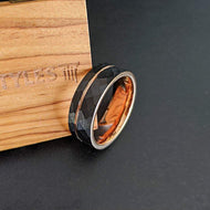 18K Rose Gold Hammered Mens Wedding Band – 8mm/6mm Black Faceted Ring with Rose Gold Inlay - Unique Couples Ring Set