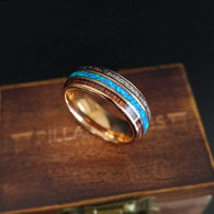 18K Rose Gold Ring Mens Wedding Band Wood Ring, Blue Opal Ring Wood Wedding Band Antler Rings for Men