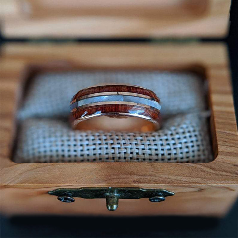 18K Rose Gold Ring 8mm Mother of Pearl Ring Mens Wedding Band Tungsten Ring Koa Wood Wedding Rings for Men