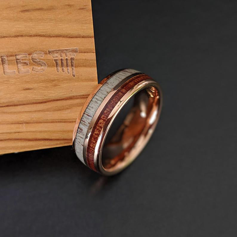 18K Rose Gold Wood & Deer Antler Ring Mens Wedding Band Tungsten Ring with Koa Wood Inlay