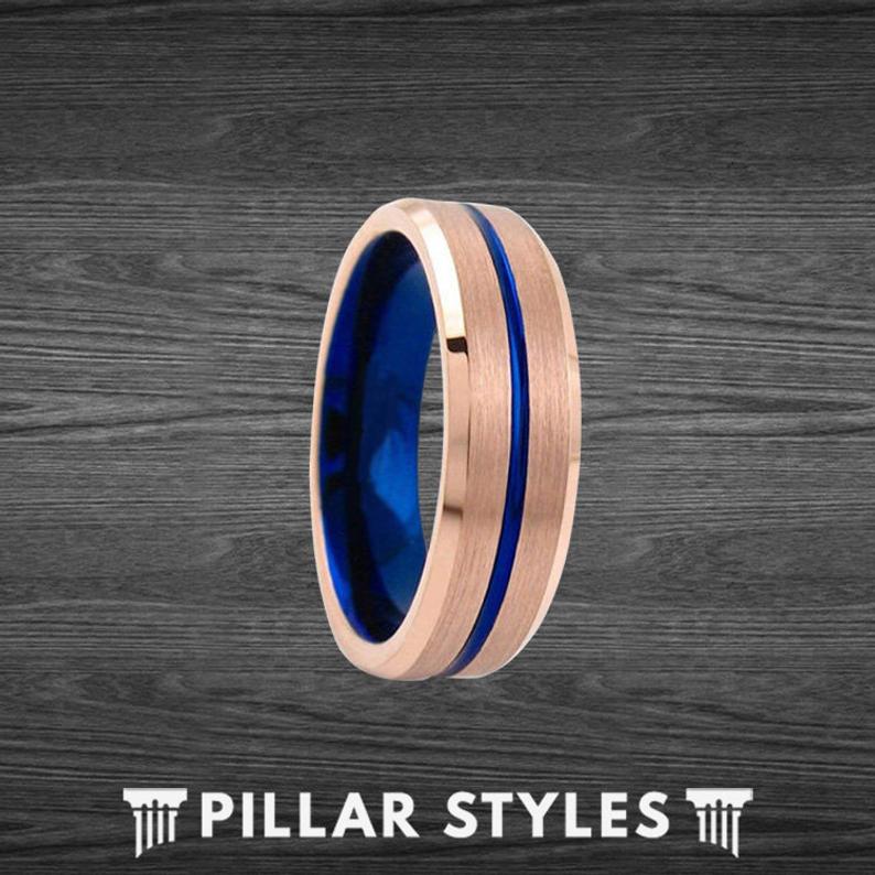 Rose Gold Tungsten Ring with Thin Blue Line Groove
