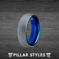 6mm & 8mm Blue Mens Tungsten Wedding Band - Pillar Styles