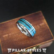 8mm/6mm Blue Opal Ring Mens Wedding Band Tungsten Ring - Thin Opal Wedding Band Couples Rings