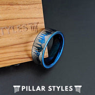 Blue Forest Tree Ring Mens Wedding Band Nature Ring - Tungsten Mountain Ring for Men Wolf Ring - Pillar Styles