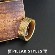 14K Gold Hammered Ring Wood Wedding Band Mens Ring - 8mm Tungsten Gold Ring with Koa Wood