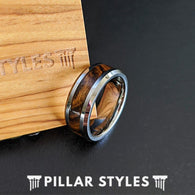 Exotic Bocote Wood Ring Mens Wedding Band Beveled Tungsten Ring Silver Wooden Ring for Men