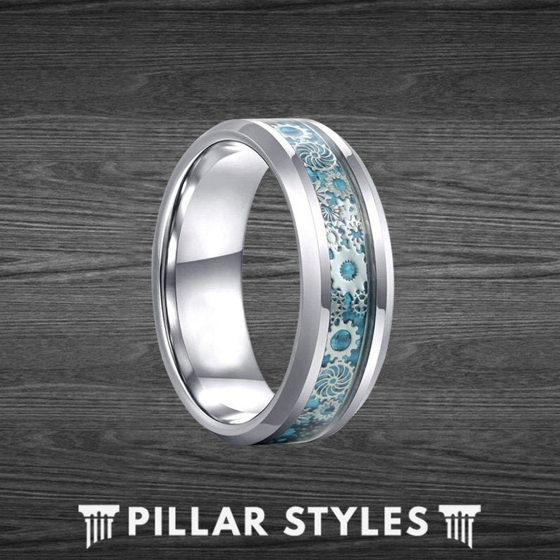 Panorama niet verwant Kampioenschap Gear Ring Mens Wedding Band Carbon Fiber Ring - Blue Steampunk Ring Si–  Pillar Styles