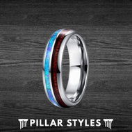 6mm Koa Wood and Blue Fire Opal Tungsten Wedding Bands - Pillar Styles
