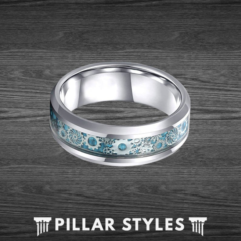 voordat Glimlach Stoel 6mm Blue Steampunk Ring Tungsten Wedding Band Mens Ring - Carbon Fiber–  Pillar Styles