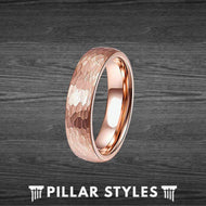 6mm Hammered Ring 18K Rose Gold Wedding Band Mens Ring Tungsten Wedding Bands - Pillar Styles