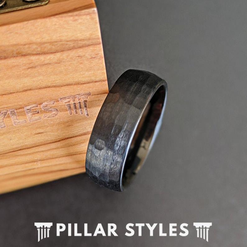 6mm Black Tungsten Ring Mens Wedding Band Hammered Ring Black Comfort Fit Mens Ring - Pillar Styles