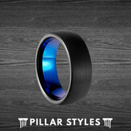 8mm Domed Blue and Black Tungsten Ring Mens Wedding Band Blue Ring - 8mm/6mm Thin Blue Line Rings Tungsten Wedding Bands Womens Ring - Pillar Styles