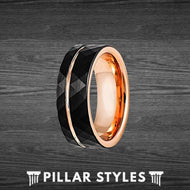 Black Hammered Ring Mens Wedding Band 18K Rose Gold Ring with Offset Inlay Tungsten Ring - Pillar Styles