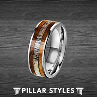 Whiskey Barrel Ring Mens Wedding Band Deer Antler Ring - 8mm Silver Bourbon Wood Ring for Men