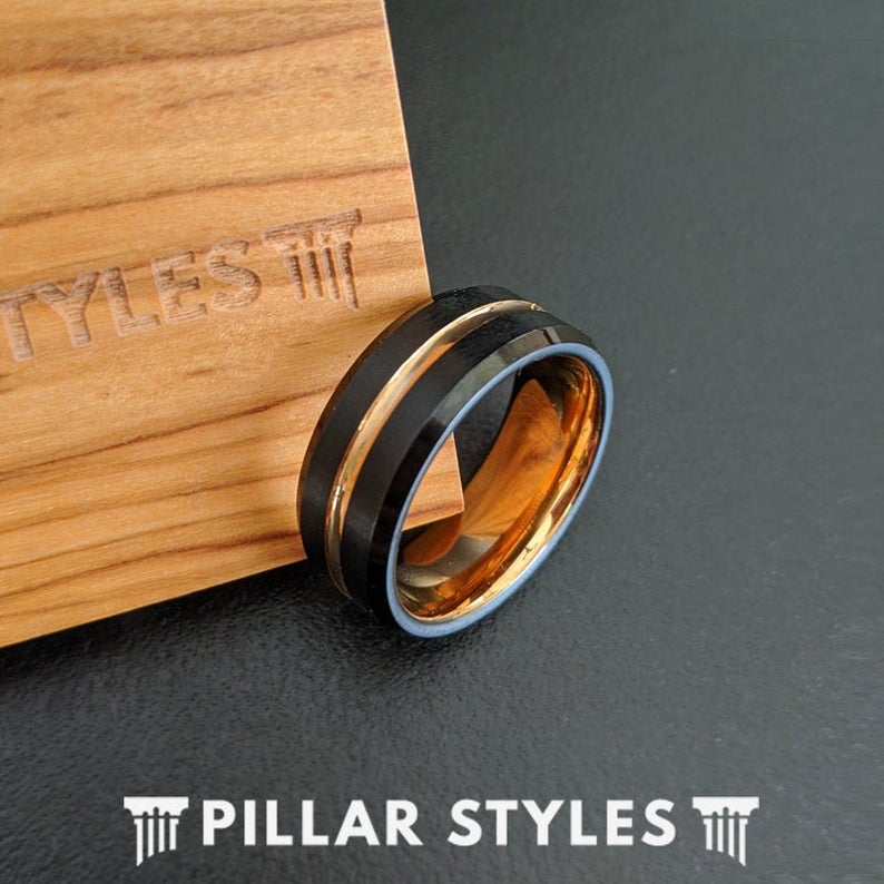 Black & 18K Rose Gold Ring Mens Wedding Band Tungsten Ring with Beveled Edges - Pillar Styles