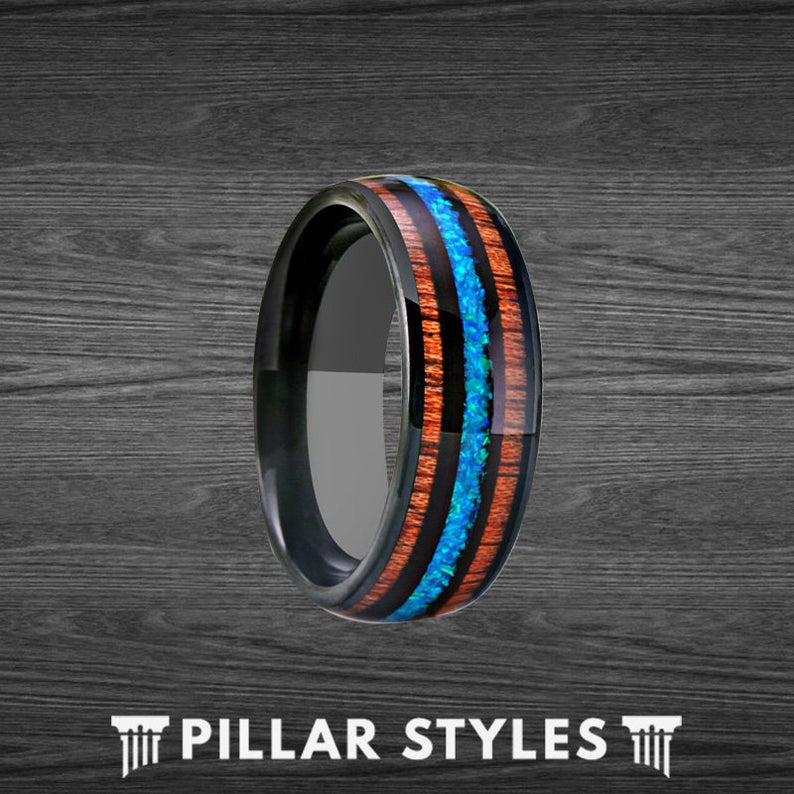 Blue Opal Ring Tungsten Wedding Band Mens Ring - Wooden Ring