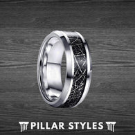 8mm Silver Meteorite Ring Mens Wedding Band Tungsten Ring with Beveled Edges Black Space Rock Ring Meteorite Engagement Rings
