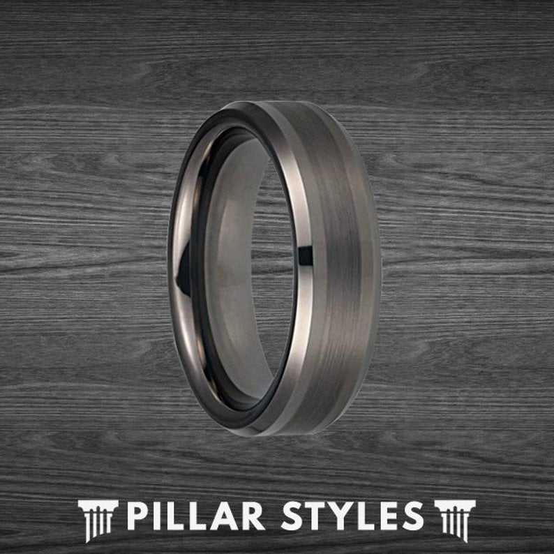 Gunmetal Ring Mens Wedding Band Tungsten Mens Ring - Beveled Tungsten Ring - Pillar Styles