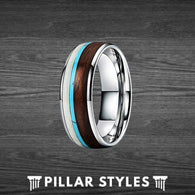 Tungsten Deer Antler Ring with Koa Wood and Turquoise Inlay Mens Wedding Band - Pillar Styles