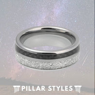 8mm Tungsten Meteorite Ring Mens Wedding Band with Black Carbon Fiber - Pillar Styles