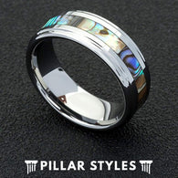 Mens Wedding Band Tungsten Abalone Shell Ring Unique Wedding Ring - Pillar Styles