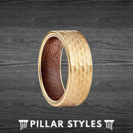 14K Gold Ring Hammered Tungsten Wedding Band Mens Ring Koa Wood Ring - Unique Hammered Ring - Pillar Styles