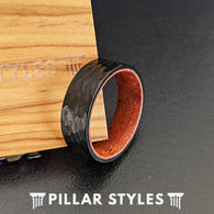 Black Koa Wood Ring Mens Wedding Band Hammered Ring - 8mm Unique Tungsten Mens Rings - Pillar Styles