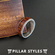Silver Damascus Ring Koa Wood Wedding Band Damascus Steel Ring Mens Ring - Pillar Styles