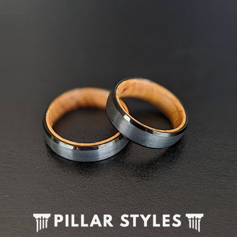6mm Whiskey Barrel Ring Beveled Mens Wedding Band Black Tungsten Ring - Thin Wood Mens Ring