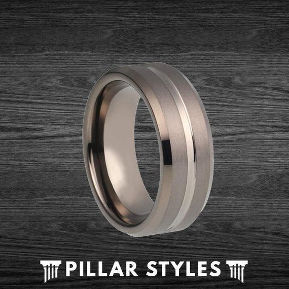 8mm & 6mm Gunmetal Gray Tungsten Wedding Band Ring with Center Groove - Pillar Styles